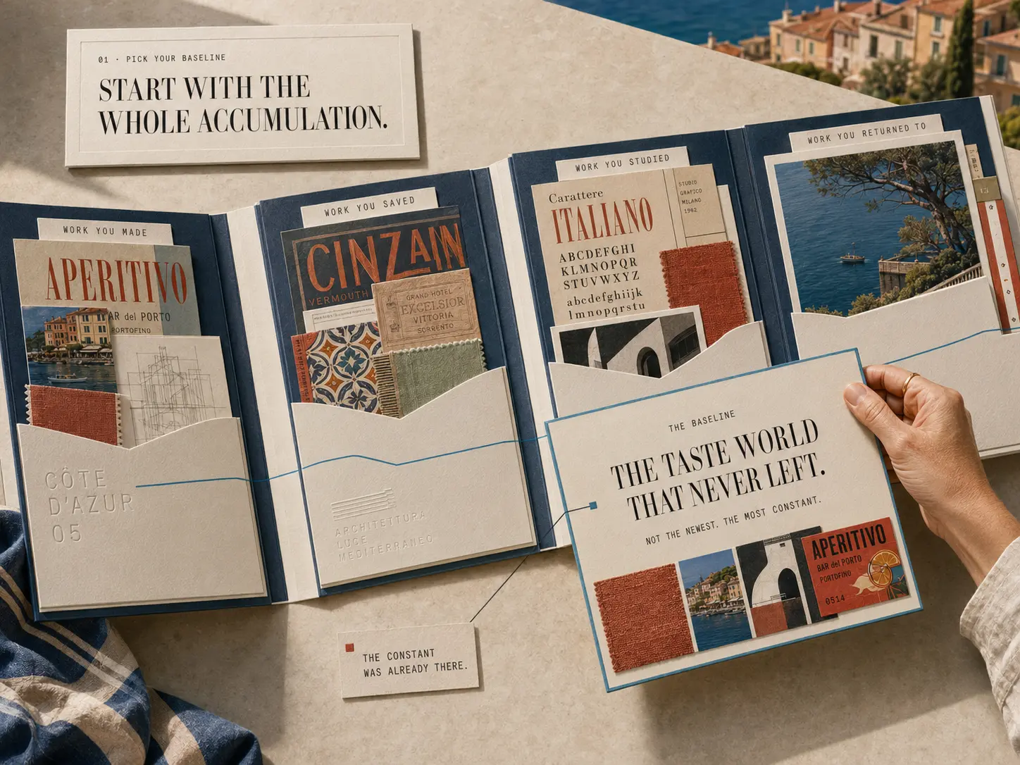Pick your baseline — navy portfolio folders holding work made, saved, studied, and returned to, beside a card reading The taste world that never left.