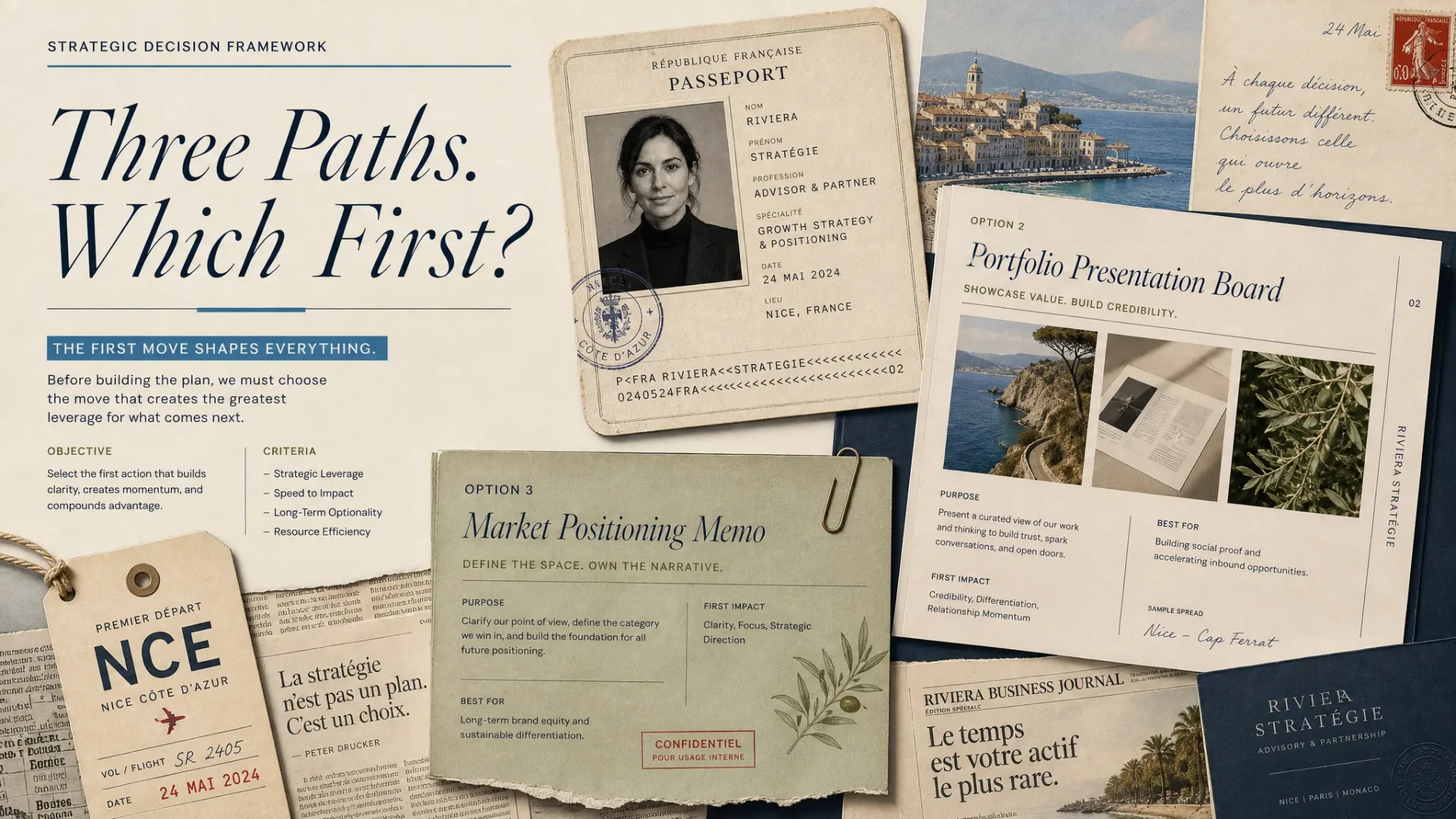 Three Paths — Strategic decision framework showing Portfolio Presentation Board, Market Positioning Memo, and First Move options
