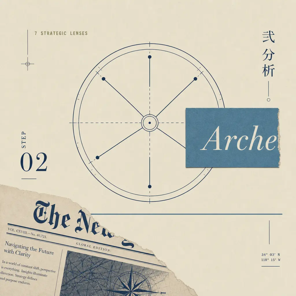 Seven strategic lenses diagram with archetype card and vintage newspaper clipping.