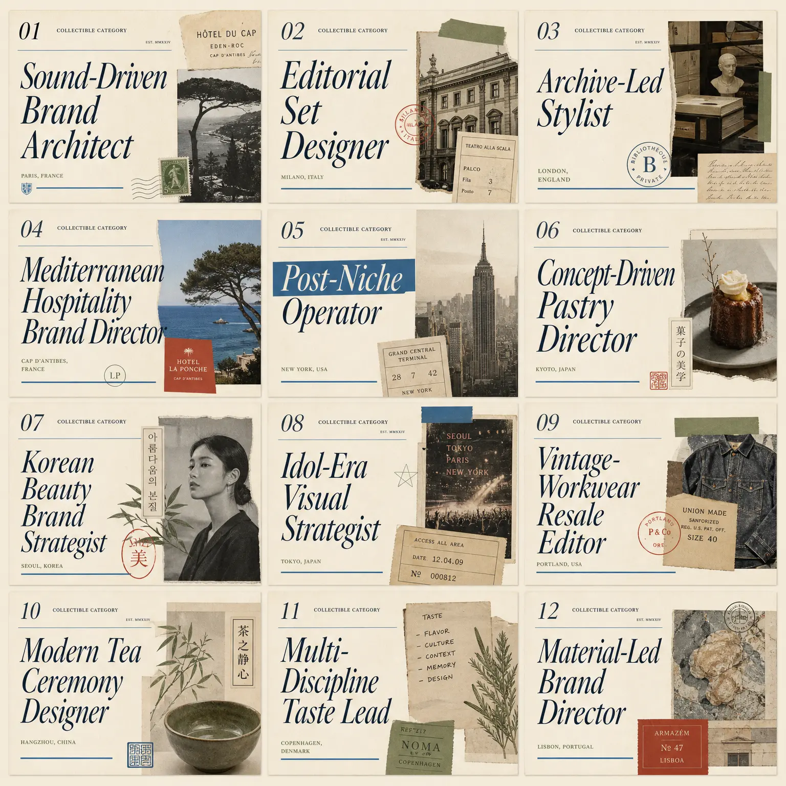 Twelve collectible category cards — a sampler of named categories the Snapshot produces.