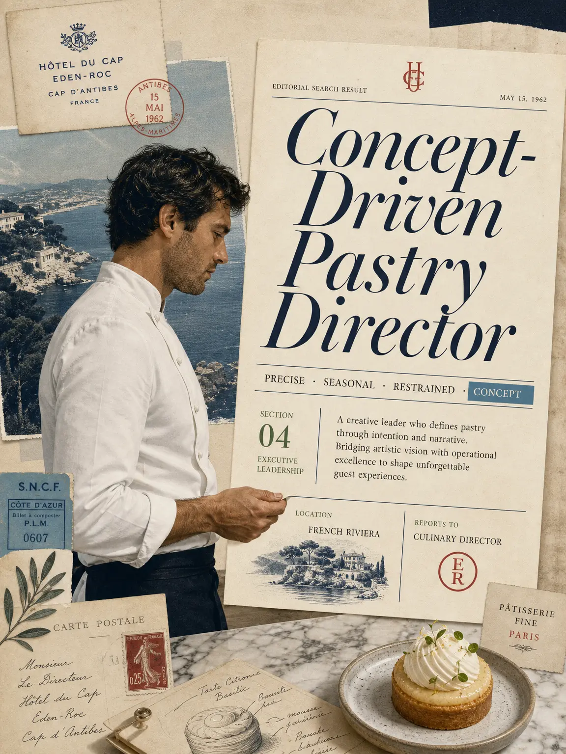 Concept-Driven Pastry Director — French Riviera editorial collage, executive culinary leadership.