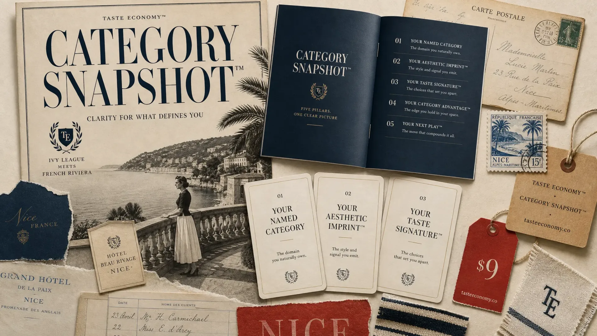 Category Snapshot example result — editorial collage showing the named category, five deliverable cards, and Riviera heritage references.