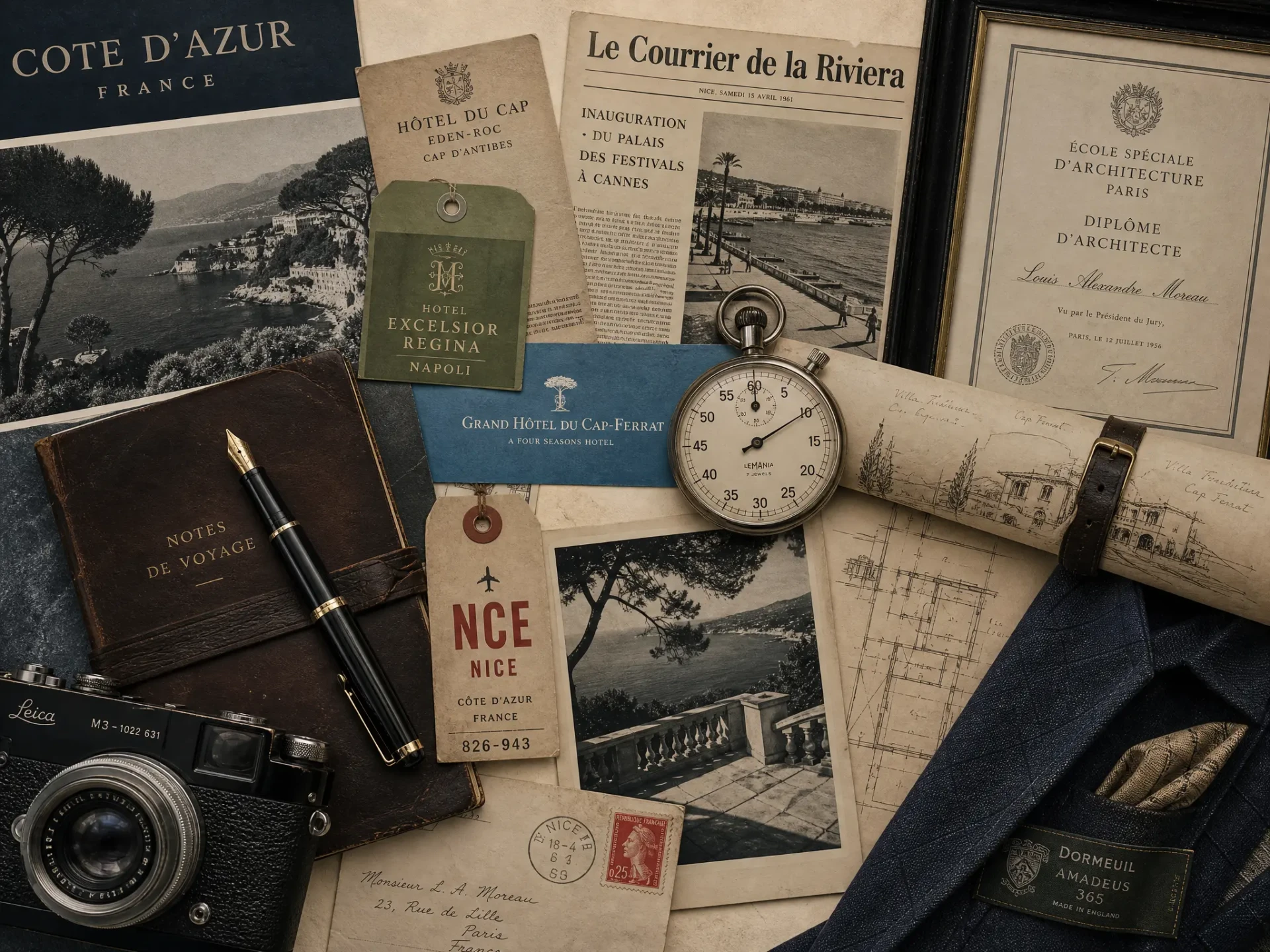 Cote d'Azur editorial flat-lay — Leica camera, travel journals, architecture blueprints, Hotel du Cap luggage tag, Nice postmark, Dormeuil fabric