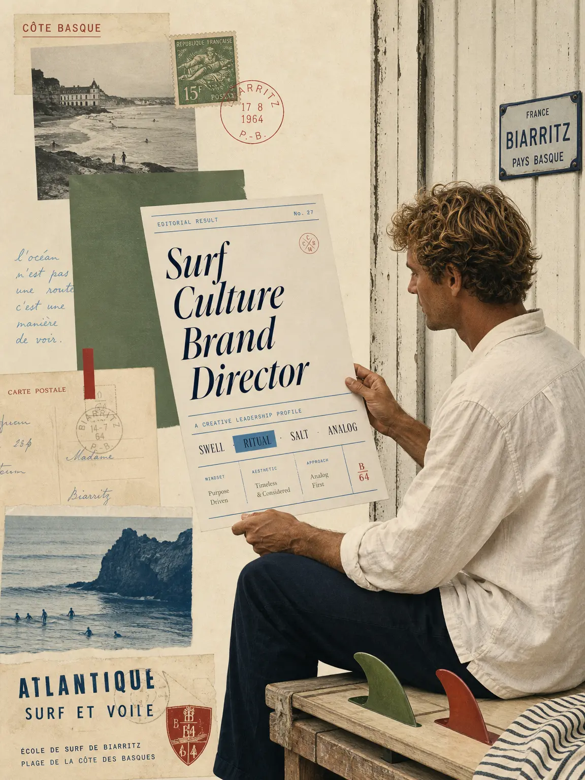 Surf-Culture Operator — coastal editorial collage of boards, salt, and long-standing local codes.
