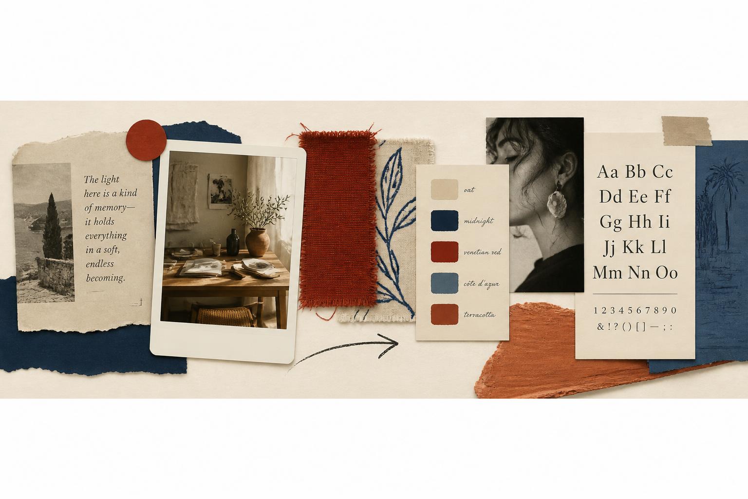 Editorial mood strip — references, swatches, and typography