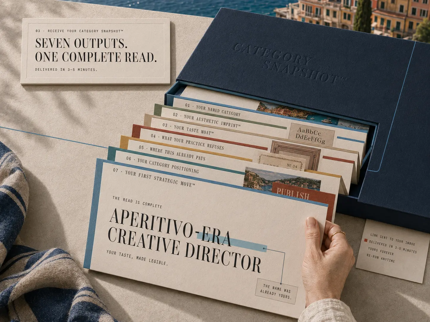 Receive your Category Snapshot — seven tabbed output cards fanned from a navy box, topped by the named category Aperitivo-Era Creative Director.