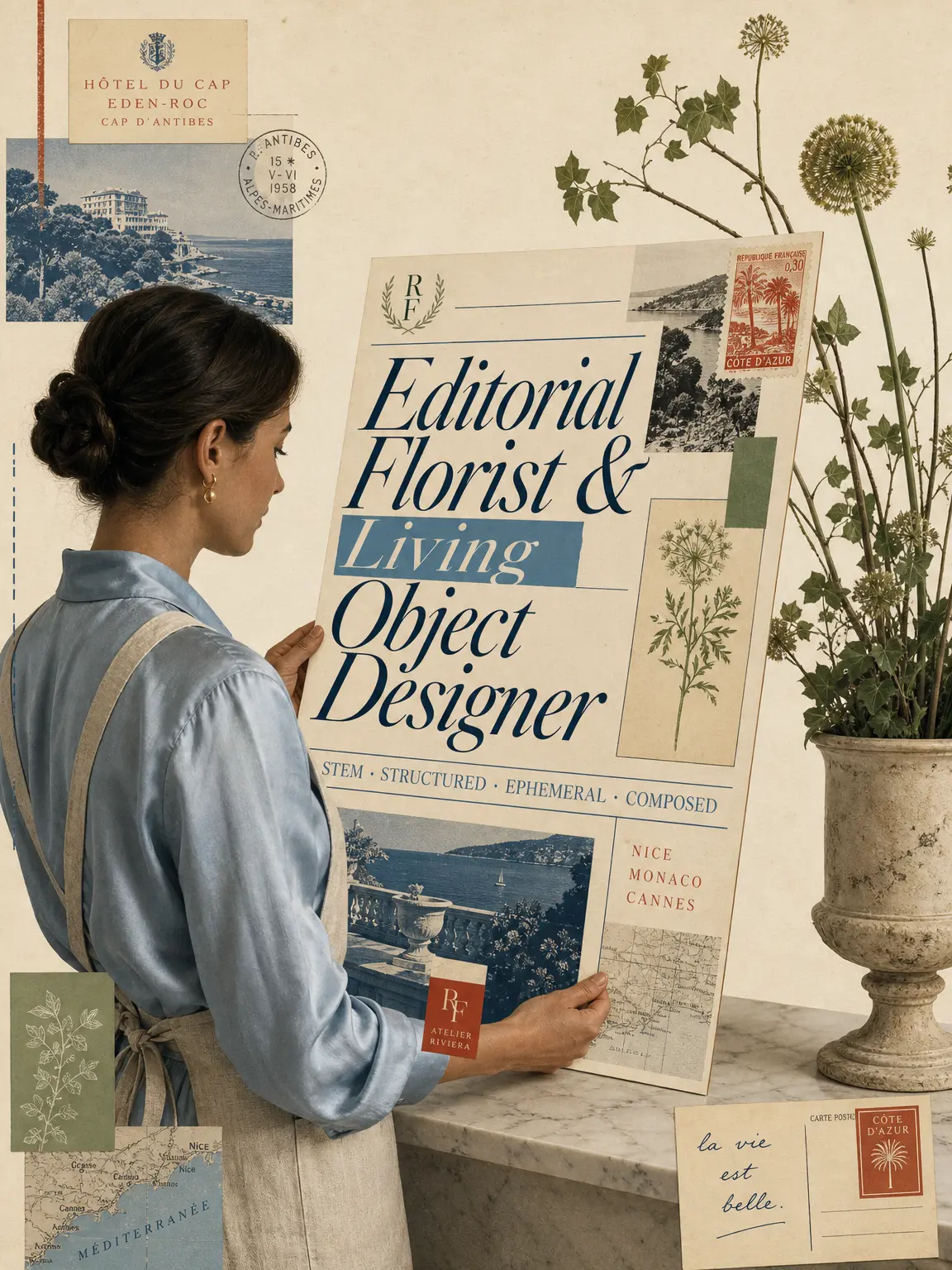 Florist of Living Objects — collage of arrangements treated as sculpture rather than decoration.