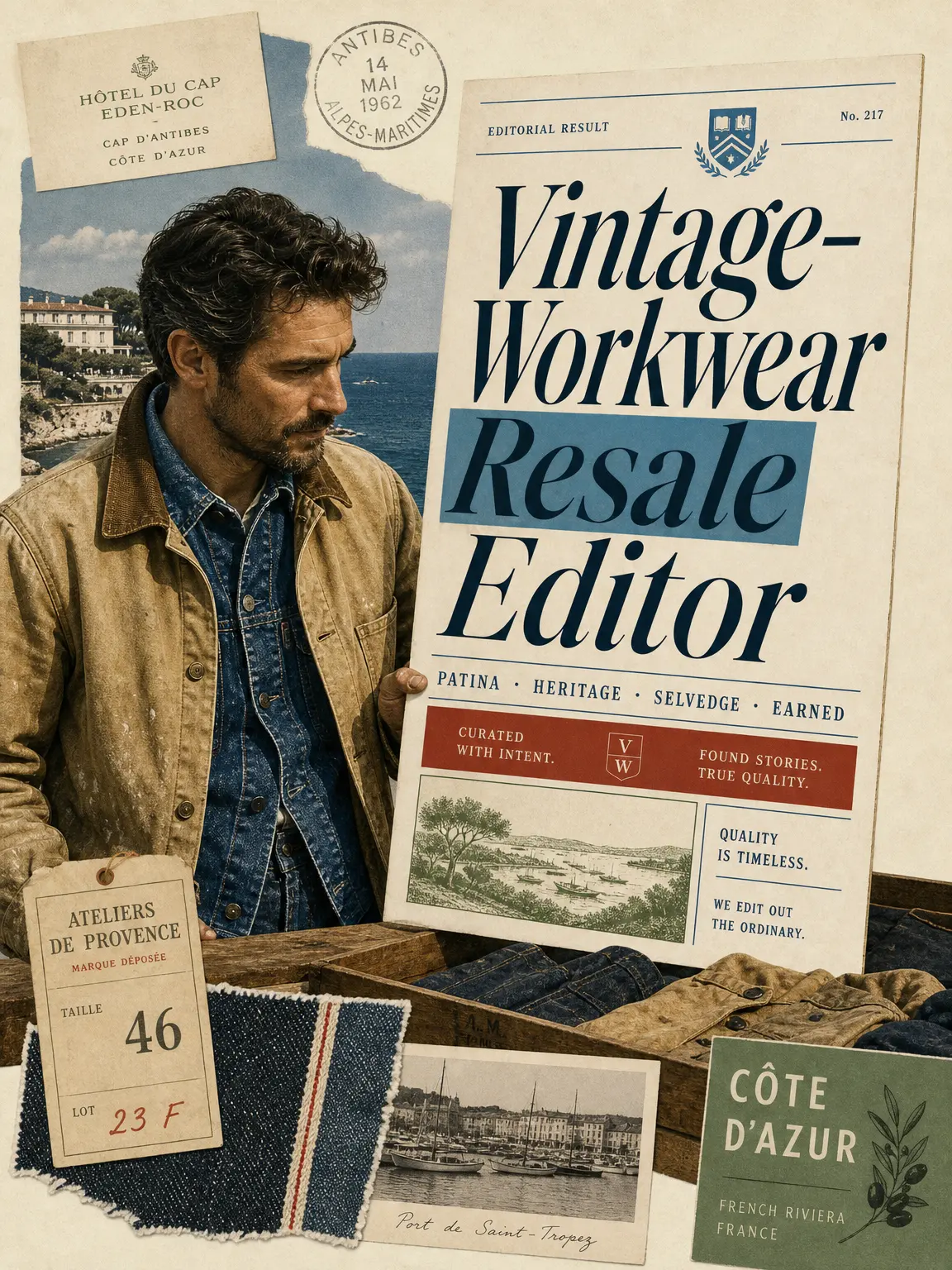 Vintage-Workwear Resale Editor — Antibes editorial collage with denim and heritage workwear.