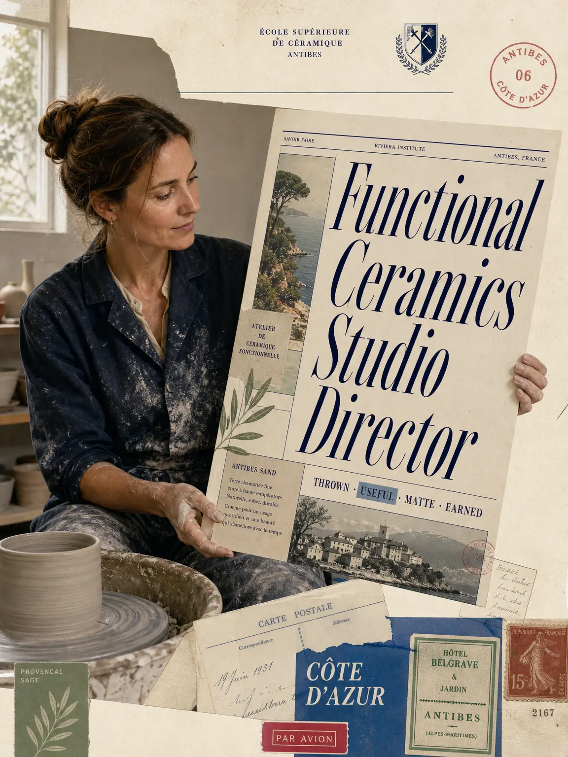 Ceramic Studio Operator — collage of glaze tests, raw clay, and a working studio surface.