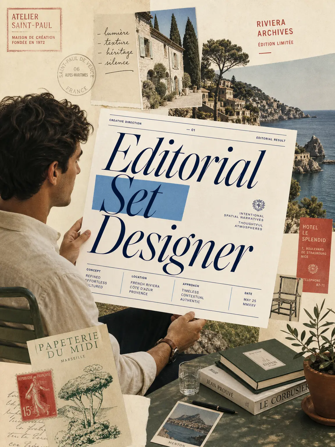 Editorial Set Designer — Riviera archives collage with curated typography and Mediterranean heritage.