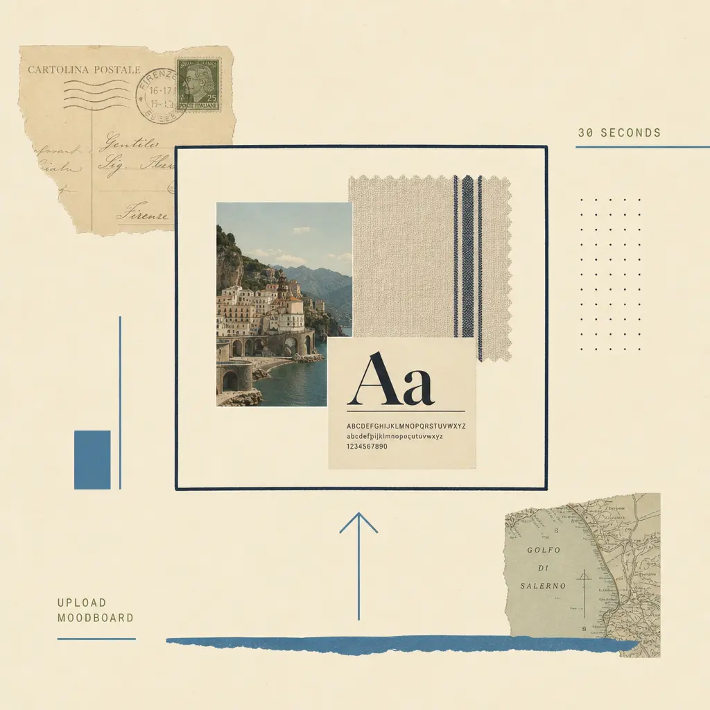 Upload your moodboard — postcard, fabric swatch, and typography sample arranged on cream paper.