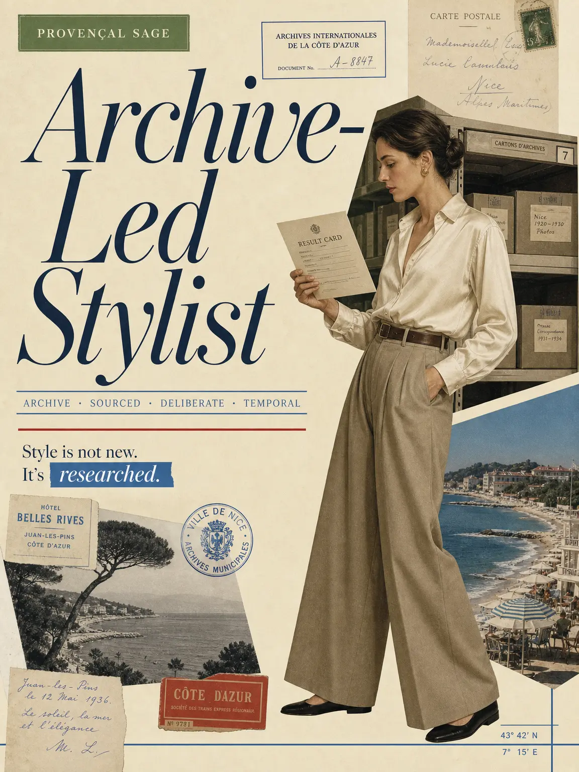 Archive-Led Stylist — Provençal sage editorial collage built from Côte d'Azur archives.