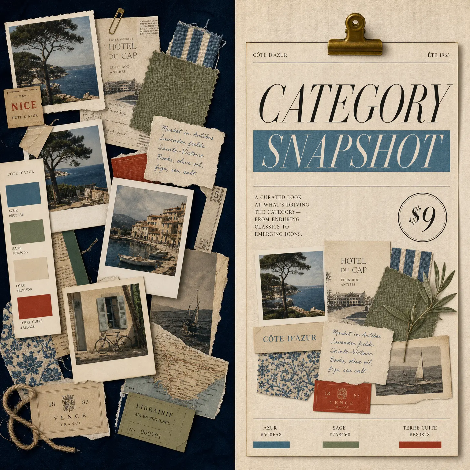 Category Snapshot — Côte d'Azur clipboard sample with palette, references, and $9 price mark