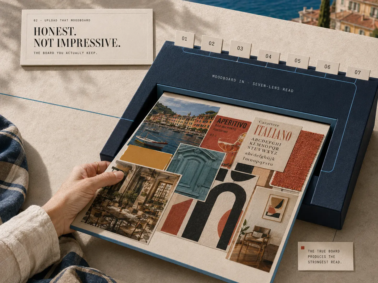 Upload that moodboard — a hand sliding a collage board into a navy seven-lens reader box.