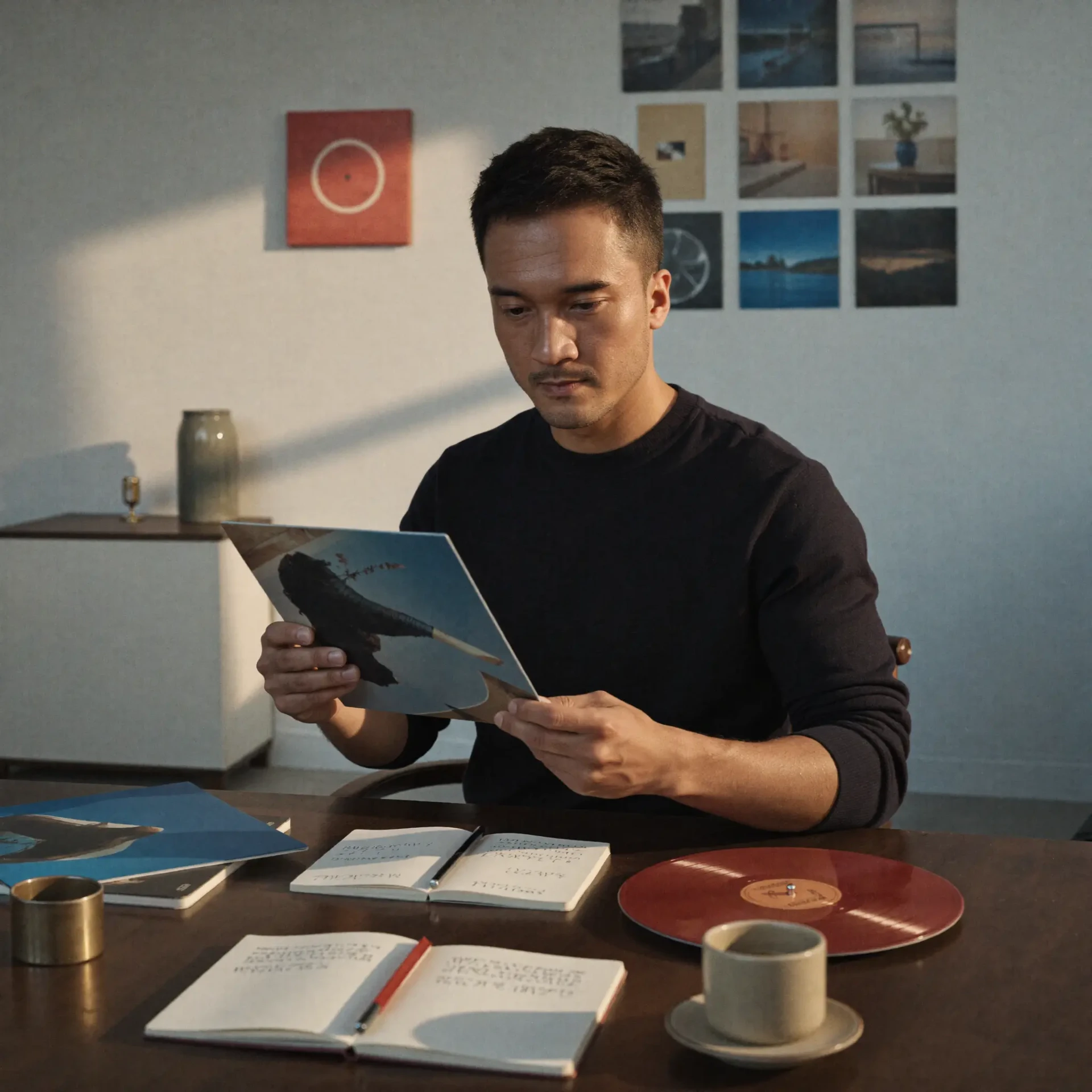 Taste-led operator studying references — vinyl records, notebooks, photography prints on a desk